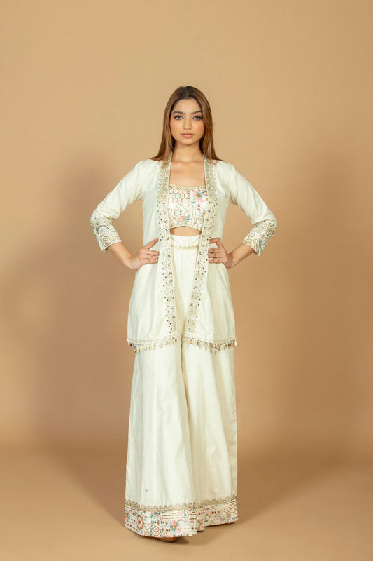 Women Ivory Embroidered Ethnic Jumpsuit with Attached Jacket Look | Festive Wear Jumpsuit