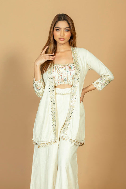 Women Ivory Embroidered Ethnic Jumpsuit with Attached Jacket Look | Festive Wear Jumpsuit