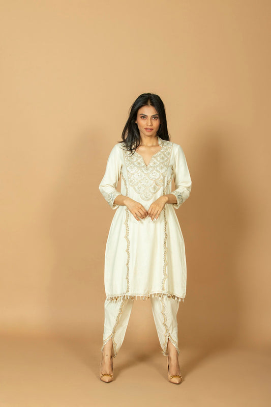 Festive Ivory Kurti Dhoti Set with Intricate Embroidery