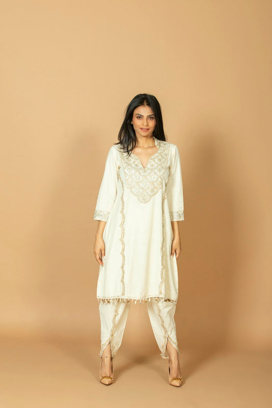 Festive Ivory Kurti Dhoti Set with Intricate Embroidery