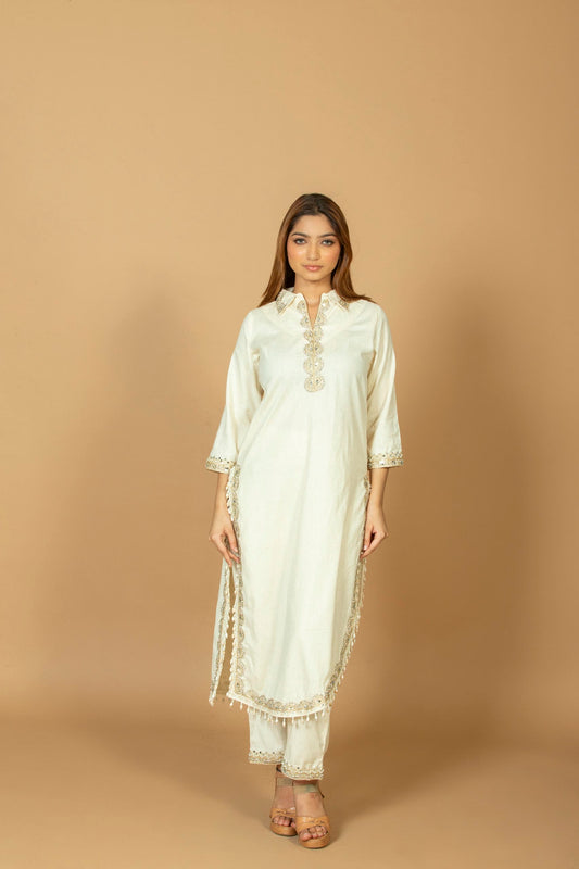 Women's Cotton Silk Uneven Hem Kurti with Pant Set, Rose Patchwork Embroidered High-Low Kurta