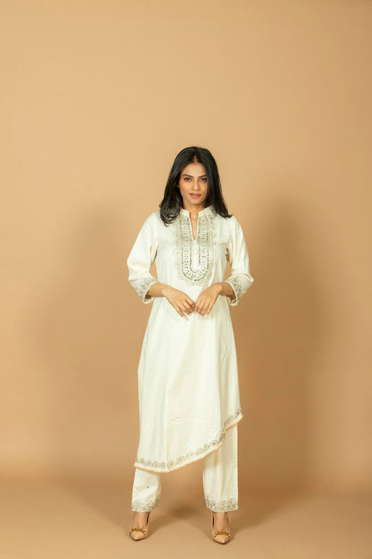 Women’s Off-White Uneven Kurti Pant Set with Embroidered Neck