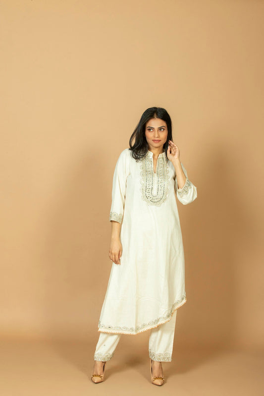Women’s Off-White Uneven Kurti Pant Set with Embroidered Neck