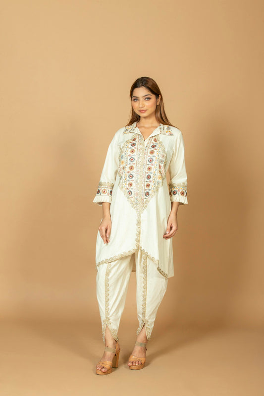 Off-White Asymmetrical Kurti with Embroidered Yoke & Pants