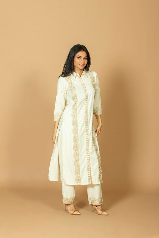 Women's Rayon Shirt Style Kurta with Pant Set, Floral Thread Work Embroidered Kurti