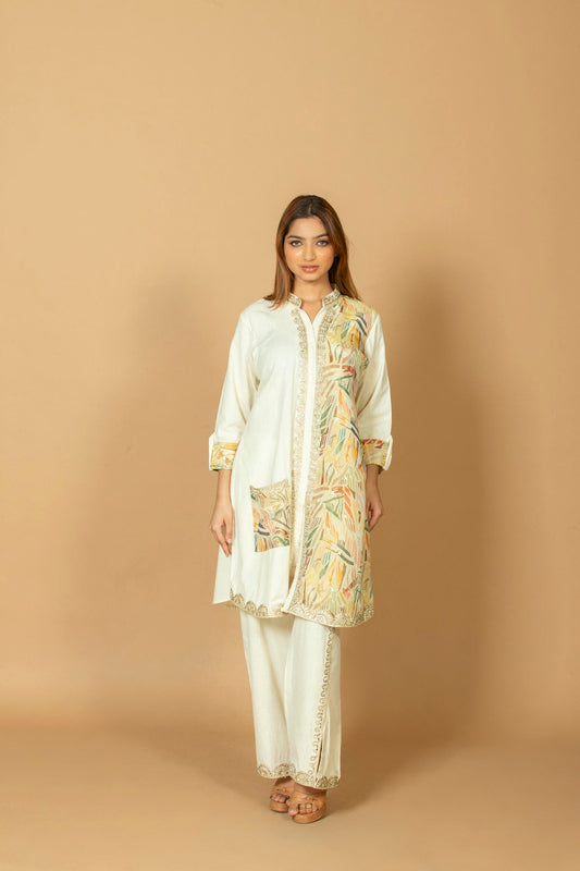 Women's Cotton High-Low Kurti with Palazzo Set, Patchwork & Coin Detail Ethnic Wear, Off-White