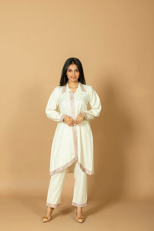 Women's Rayon Shirt Style Kurta with Pant Set, Floral Thread Work Embroidered Kurti