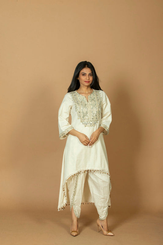 Women’s Ivory Embellished Kurti with Dhoti Pants