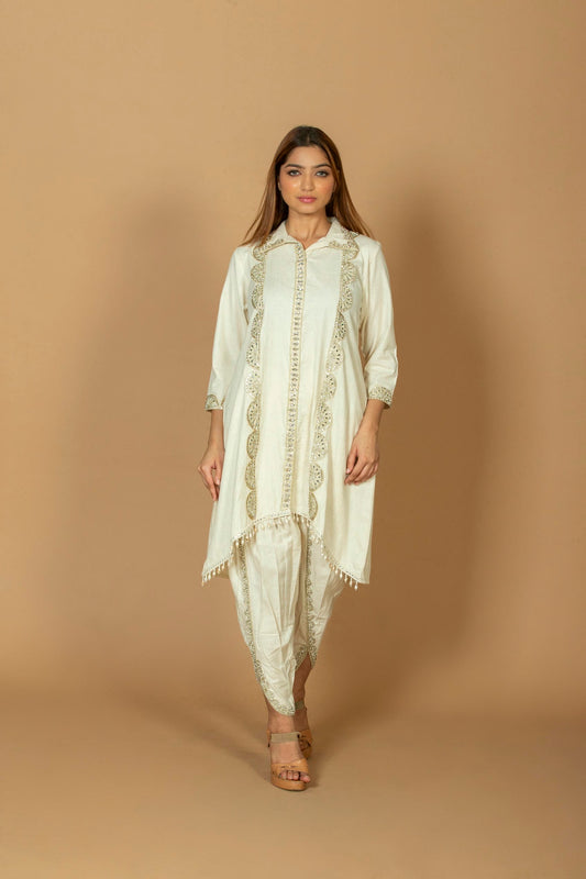 Women’s Off-White Embroidered Kurta with Dhoti Pants Set