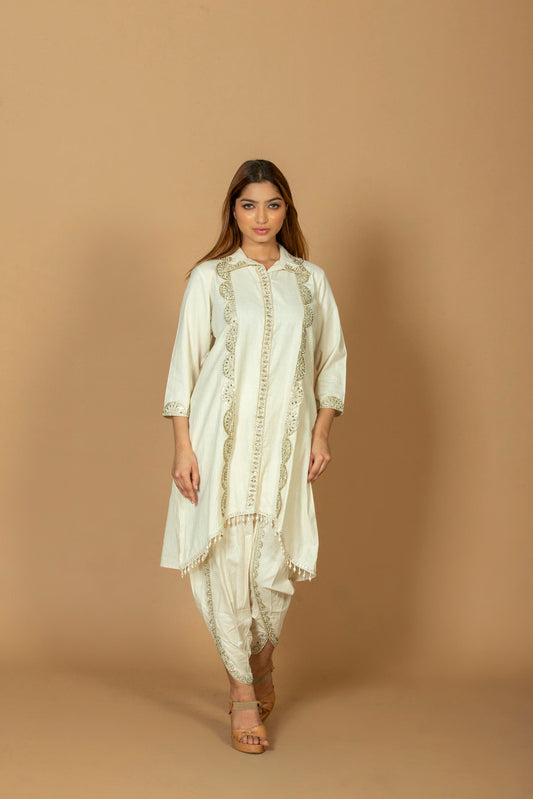 Women’s Off-White Embroidered Kurta with Dhoti Pants Set