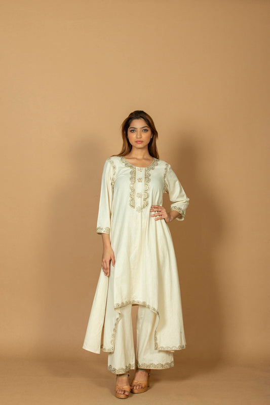 Women's Cotton Blend Straight Kurti with Palazzo Set, Scalloped Vertical Embroidery, Ethnic Wear