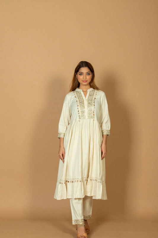 Women Off-White Embroidered Straight Kurta with Ruffle Hem & Pant