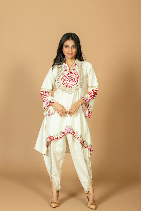 Women's Cotton Silk Uneven Hem Kurti with Pant Set, Rose Patchwork Embroidered High-Low Kurta, Off-White