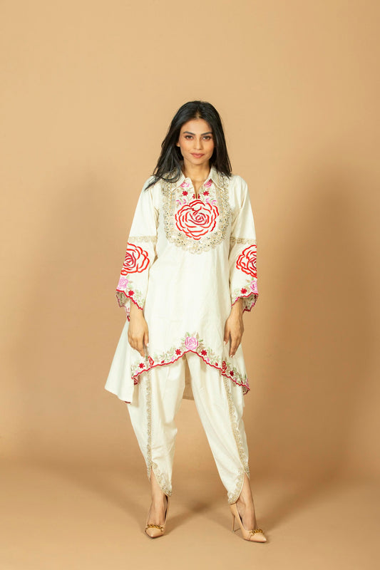 Women's Cotton Silk Uneven Hem Kurti with Pant Set, Rose Patchwork Embroidered High-Low Kurta, Off-White
