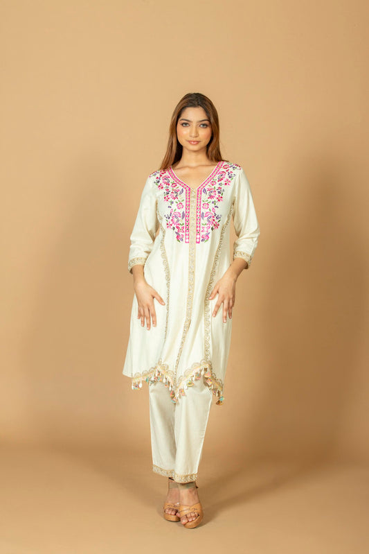 Women's Cotton Silk Uneven Hem Kurti with Pant Set, Pink Patchwork Embroidered High-Low Kurta, Off-White