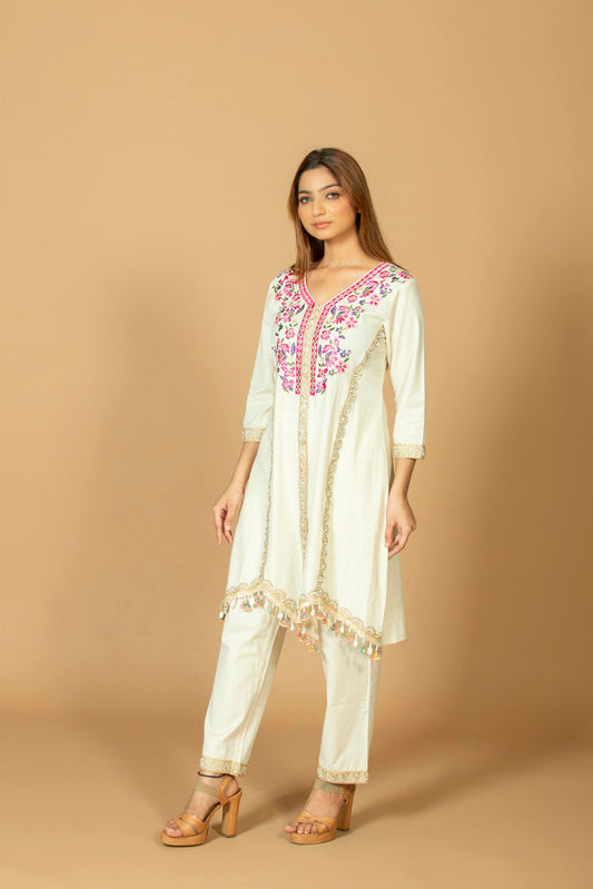 Women's Cotton Silk Uneven Hem Kurti with Pant Set, Pink Patchwork Embroidered High-Low Kurta, Off-White