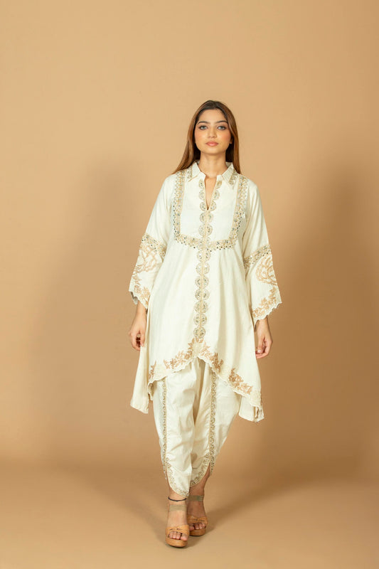 Women's Silk Blend Uneven Kurti with Pant Set, Scalloped Gold Embroidery & High-Low Hem, Cream
