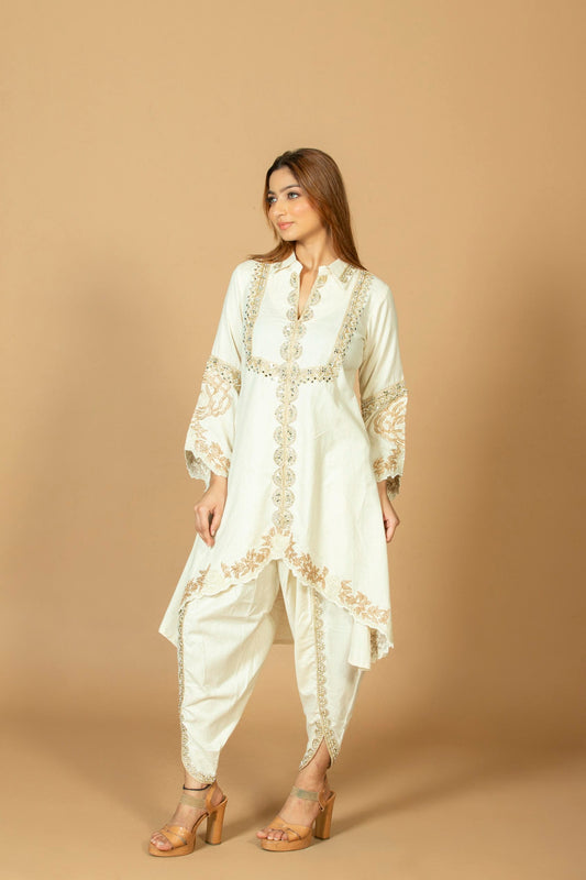 Women's Silk Blend Uneven Kurti with Pant Set, Scalloped Gold Embroidery & High-Low Hem, Cream
