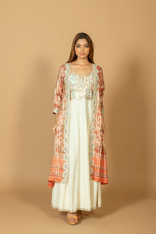 Women Off-White Geometric Embroidered Short Shrug with Long Gown