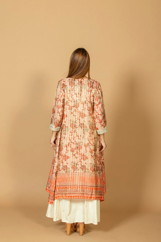 Women Off-White Geometric Embroidered Short Shrug with Long Gown