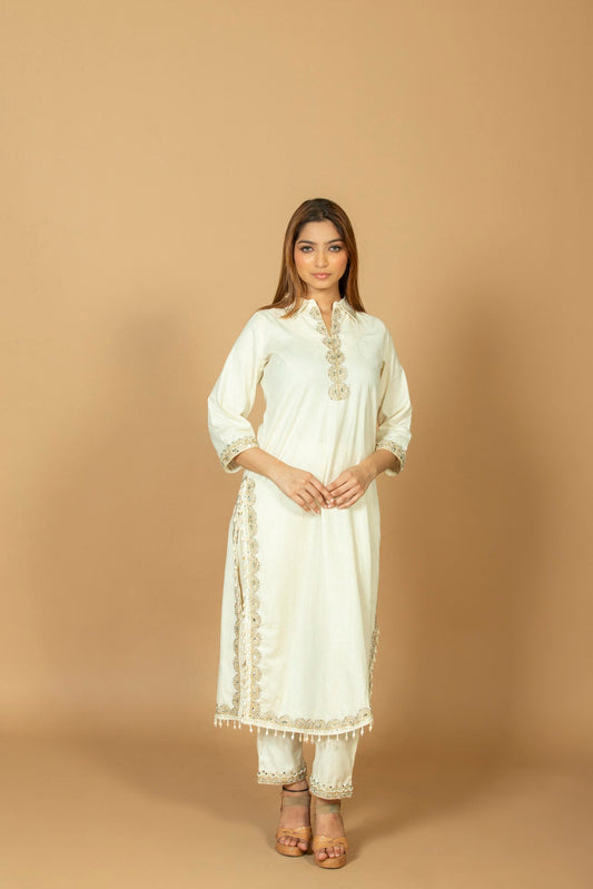 Women's Cotton Silk Uneven Hem Kurti with Pant Set, Rose Patchwork Embroidered High-Low Kurta