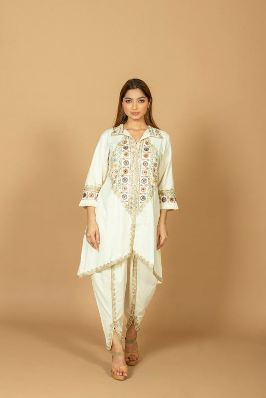 Off-White Asymmetrical Kurti with Embroidered Yoke & Pants