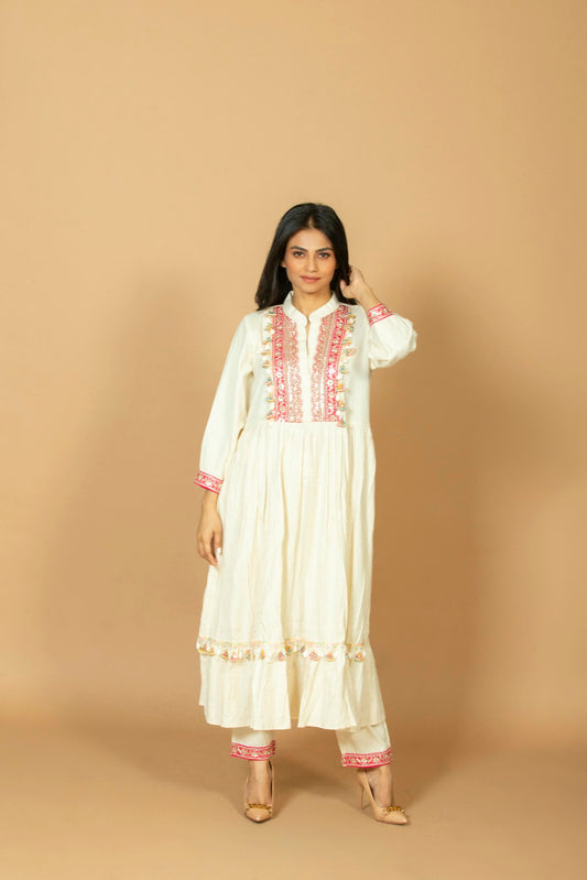 Women's Cotton Silk Straight Kurti with Pant Set, Tiered Ruffle Hem & Embroidered Yoke, Off-White