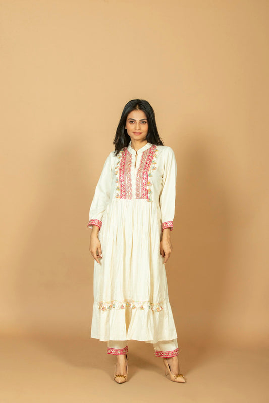 Women's Cotton Silk Straight Kurti with Pant Set, Tiered Ruffle Hem & Embroidered Yoke, Off-White