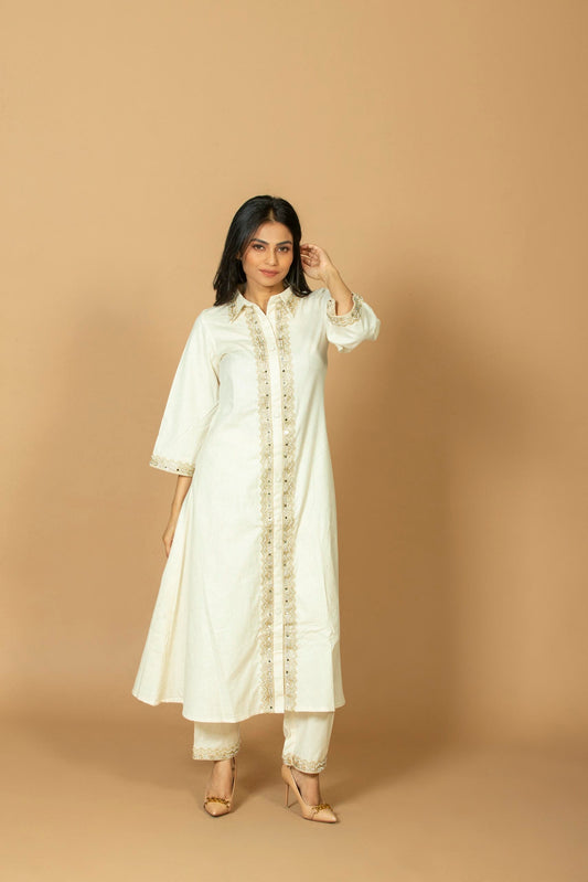Off-White Ethnic Long Kurta with Straight Pants for Women