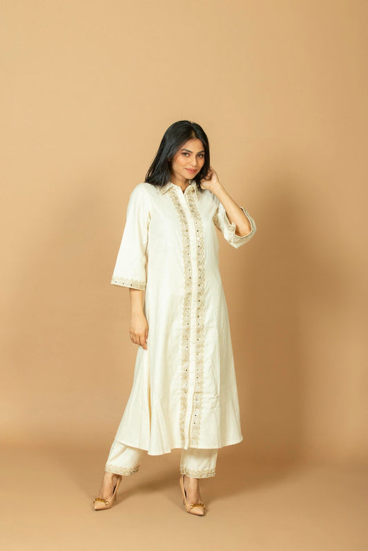 Off-White Ethnic Long Kurta with Straight Pants for Women