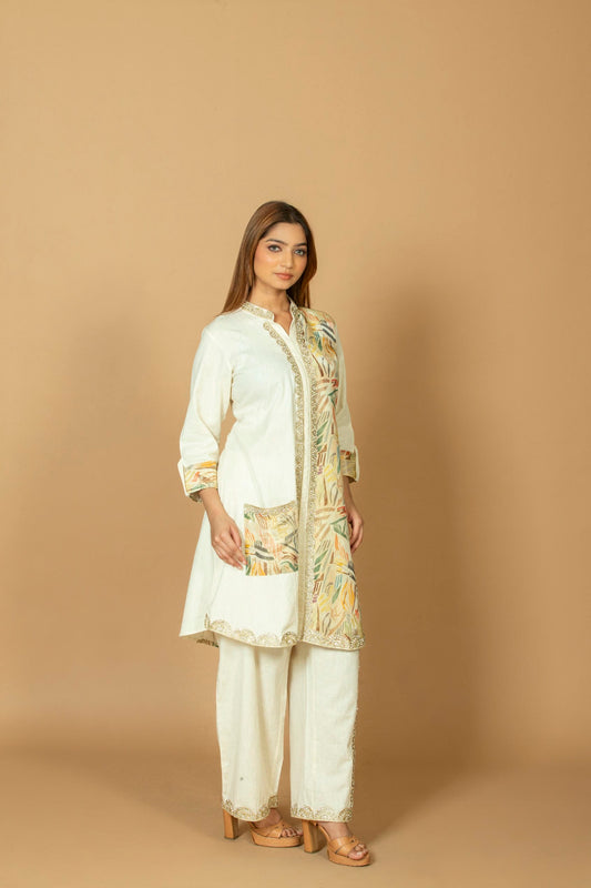 Women's Cotton High-Low Kurti with Palazzo Set, Patchwork & Coin Detail Ethnic Wear, Off-White