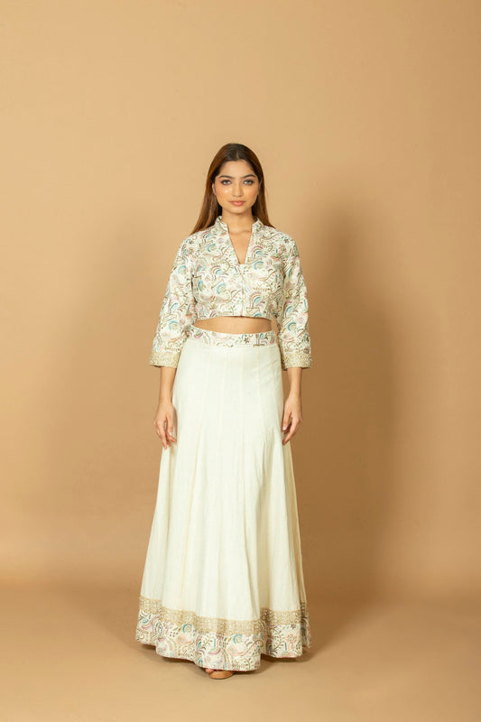 Women's Silk Blend Top and Skirt Set, Floral Embroidered Crop Top & Flared Maxi Skirt, Ethnic Wear