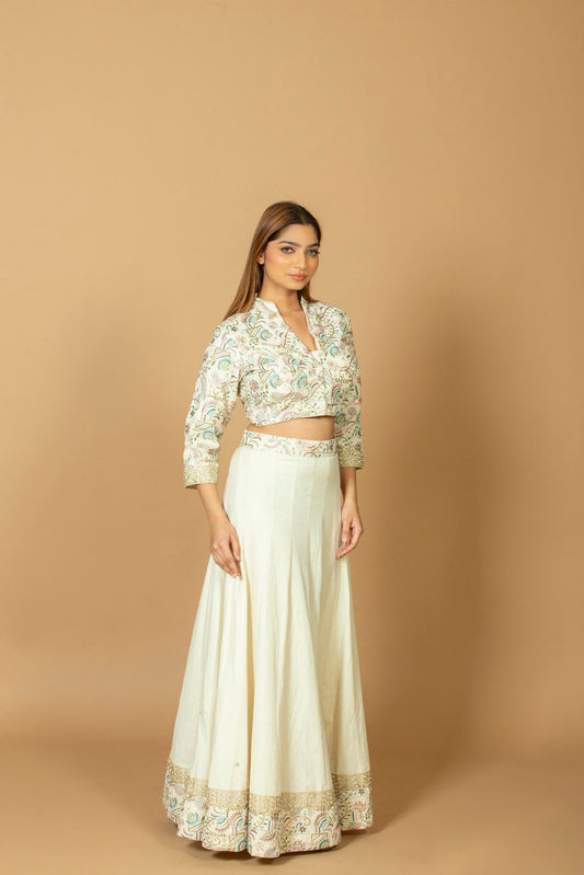 Women's Silk Blend Top and Skirt Set, Floral Embroidered Crop Top & Flared Maxi Skirt, Ethnic Wear