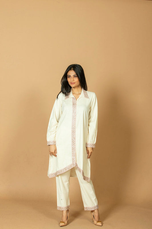Women's Rayon Shirt Style Kurta with Pant Set, Floral Thread Work Embroidered Kurti