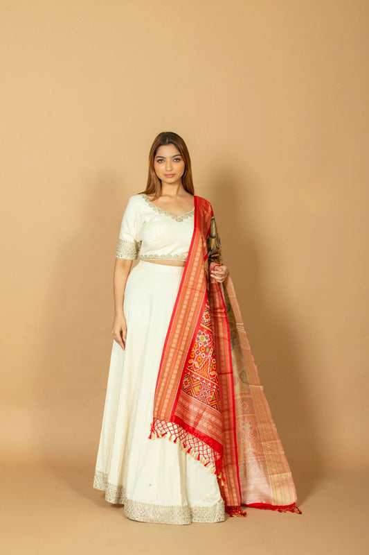 Women Off-White & Red Embroidered Top with Skirt & Patola Printed Dupatta