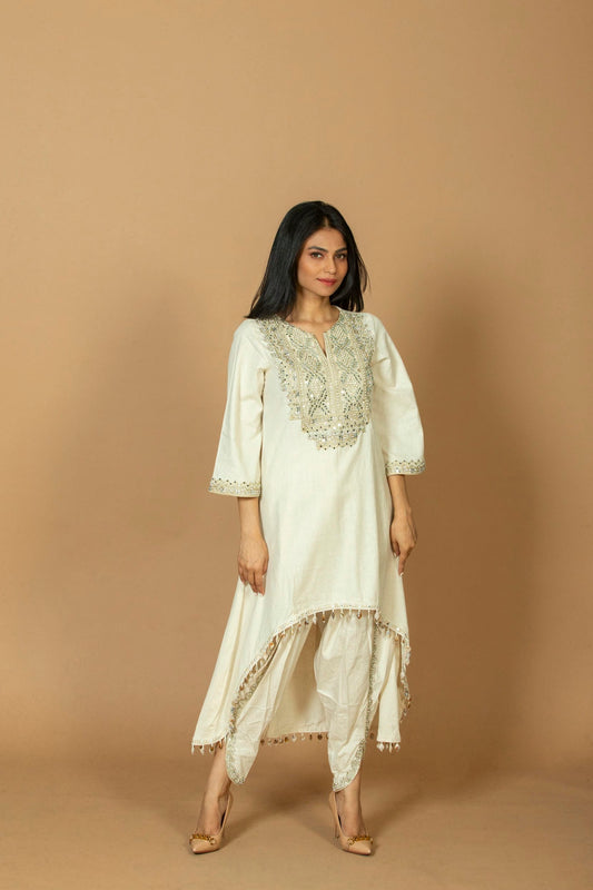 Women’s Ivory Embellished Kurti with Dhoti Pants