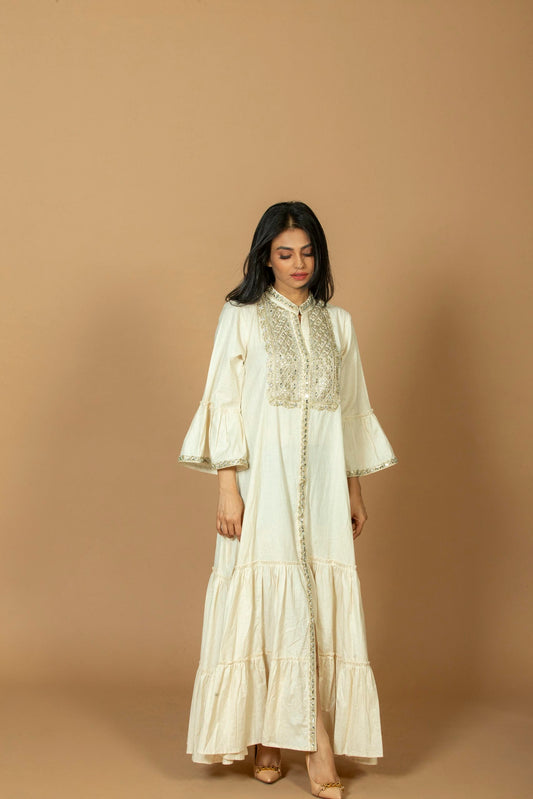 Women Off-White Embroidered Long Tiered Ruffle Kurti with Bell Sleeves