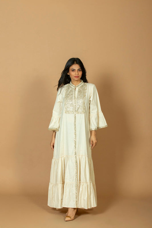 Women Off-White Embroidered Long Tiered Ruffle Kurti with Bell Sleeves