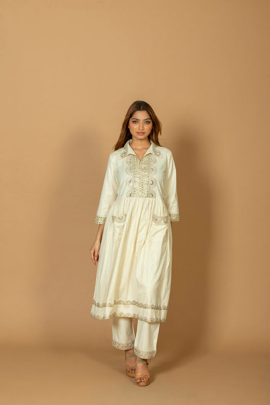 Women White & Yellow Abstract Printed Side Panel Kurti with Pant & Pocket