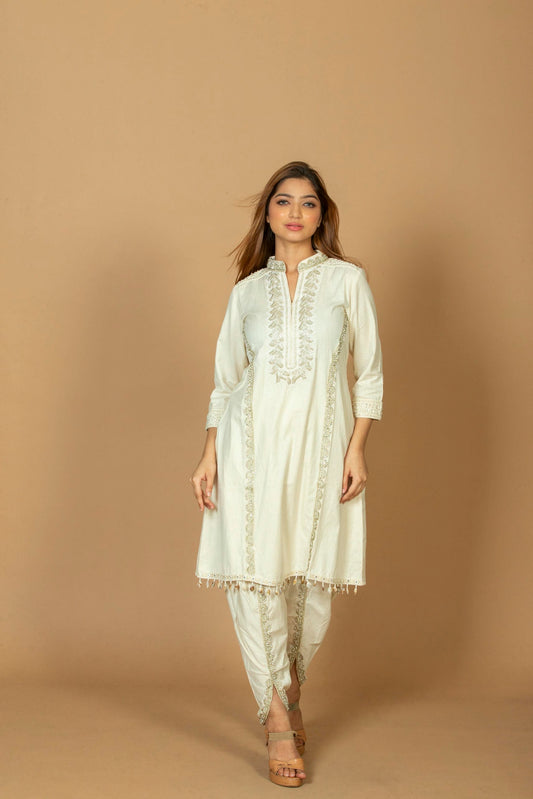 Off-White Ethnic Embroidered Straight Kurta with Dhoti Bottoms