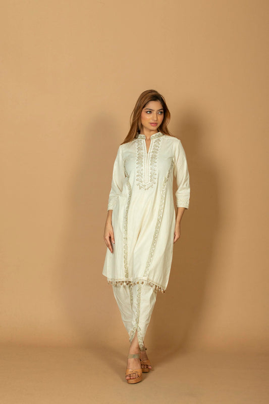 Off-White Ethnic Embroidered Straight Kurta with Dhoti Bottoms