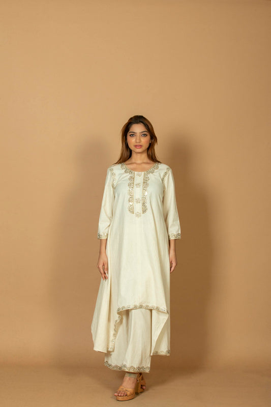 Women's Cotton Blend Straight Kurti with Palazzo Set, Scalloped Vertical Embroidery, Ethnic Wear